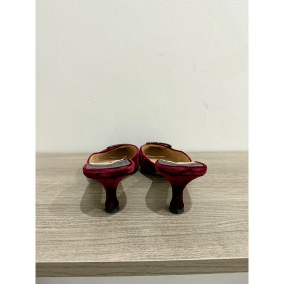 Manolo Blahnik Velvet Pointy Toe Crystal Kitten Heel Mules Red Women 38 / US 8 - Picture 6 of 8